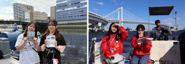学生が作成したアートクルーズパンフレット(左)、学生ガイドの様子 ※画像提供 天王洲キャナルサイド活性化協会