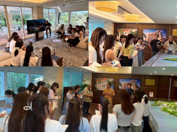 リゾートホテル経営について学ぶ学生たち（ユニマット南西不動産で）