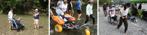 アウトドア用車いす「HIPPOcampe」（左）や「モビチェア」（中央）、車いすけん引装置「JINRIKI」の使用方法の指導を受けて実体験