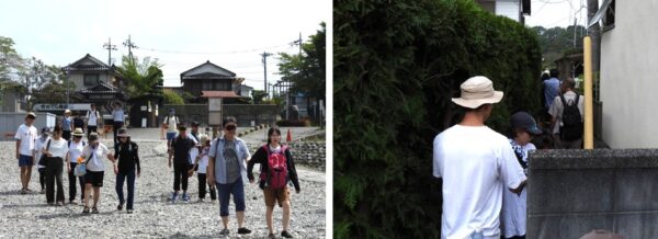 アイマスクを装着・誘導しながら河原やあい路を移動